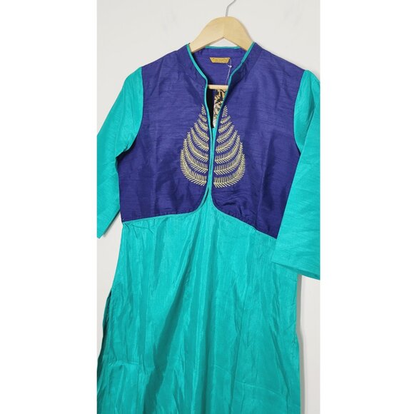 Aurelia Kurta NEW Teal Blue Gold Detailed Front Half Sleeve Tunic Open Side - Picture 4 of 12